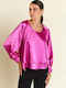 Forel Women's Blouse Satin Long Sleeve Fuchsia