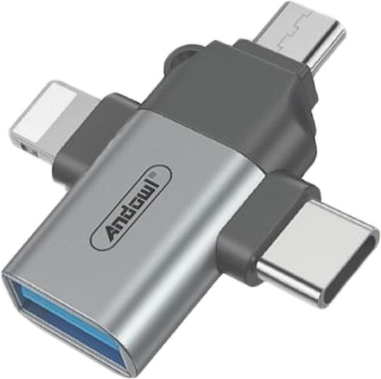 Andowl Qotg09 Converter Lightning / USB-C / micro USB male to USB-A female 1pcs