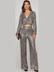 Damen Hoch tailliert Stoff Hose mit Gummizug Schwarz mit Pailletten
