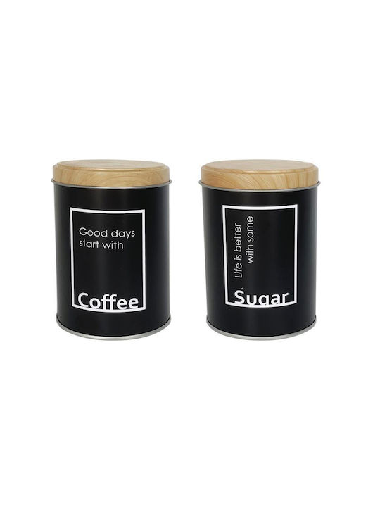 Viosarp Σετ 2τμχ Κουτιά για Ζάχαρη / Καφέ με Καπάκι Μεταλλικό Μαύρο 9x9x13cm