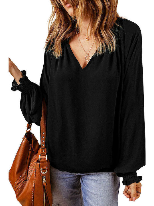 Amely Women's Blouse Long Sleeve with V Neckline Black