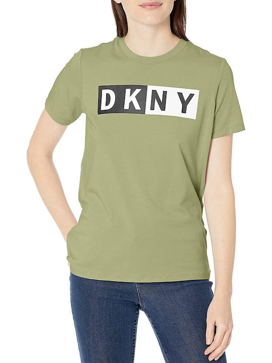 DKNY Logo Bluza Damă Bumbac Mâneci Scurte Kaki