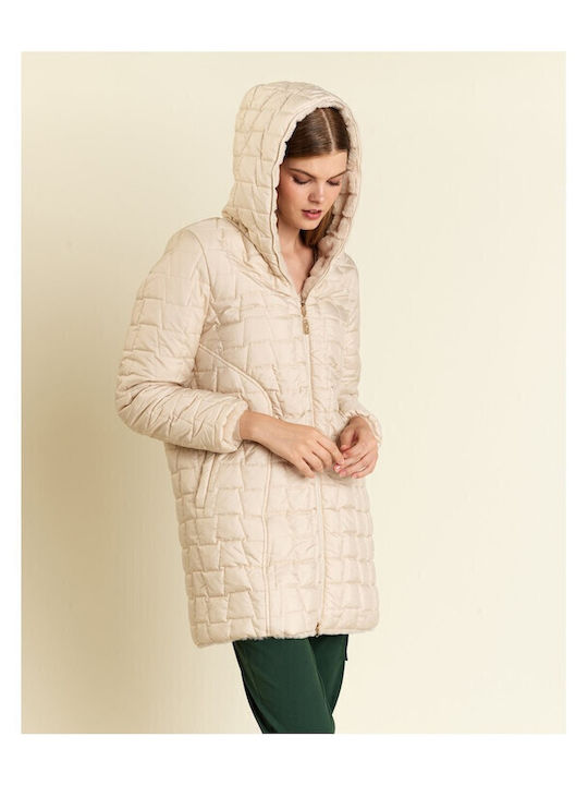 Women's Short Puffer Jacket Double Sided for Winter with Hood Beige