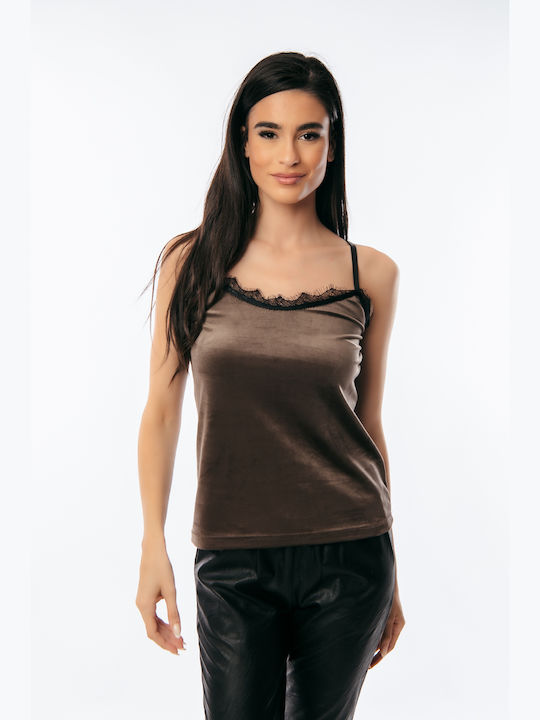 Boutique Damen Bluse Samt mit Spitze Coffee