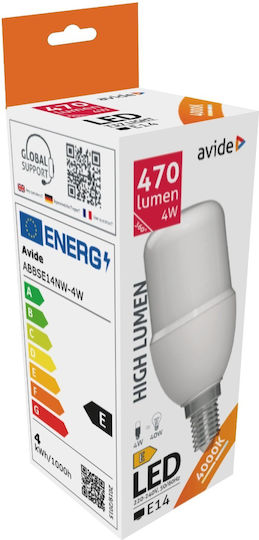 Avide Bec LED 4W 95mm pentru Soclu E14 și Formă T37 Alb natural