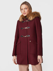 Naf Naf Women's Wool Midi Coat with Buttons Burgundy