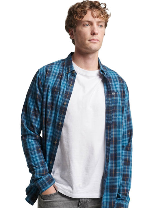 Superdry Men's Shirt Long Sleeve Checked Navy Blue