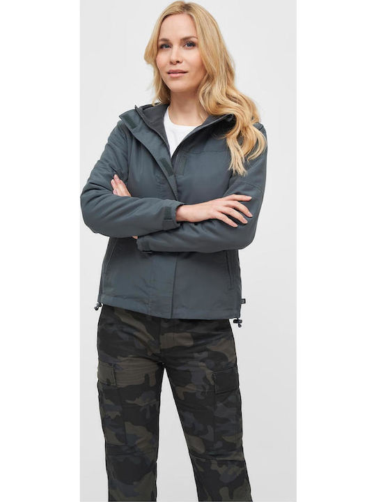 Women's Short Puffer Jacket Windproof for Winter Anthracite
