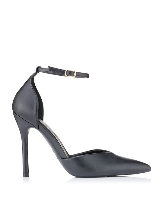 Primadonna Pointed Toe Black Heels with Strap
