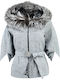 Leather Women's Gray Coat with Hood & Fur Details