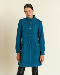 Forel Women's Curly Short Half Coat with Buttons petrol