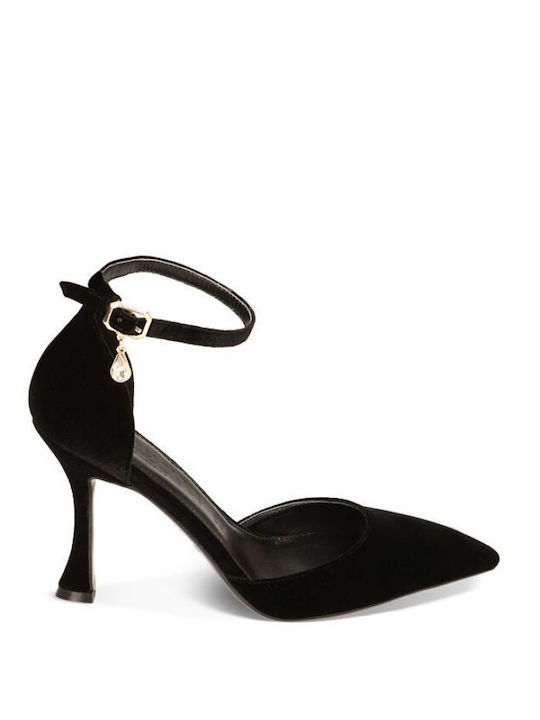 Primadonna Pointed Toe Black Heels with Strap