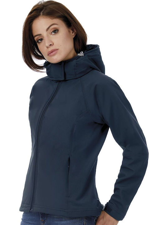 B&C Women's Short Sports Softshell Jacket Waterproof and Windproof for Winter with Hood Navy Blue