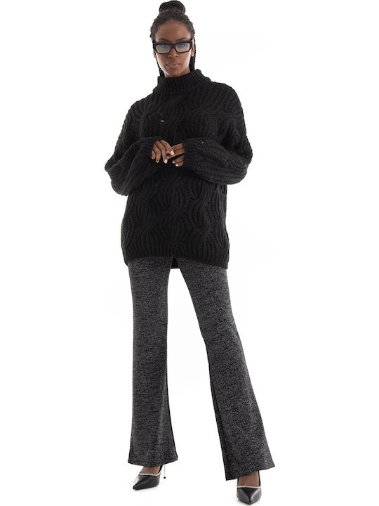 Women's Fabric Flared Trousers Black Silver