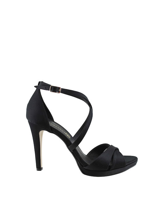 Stefania Fabric Women's Sandals Black with Thin High Heel