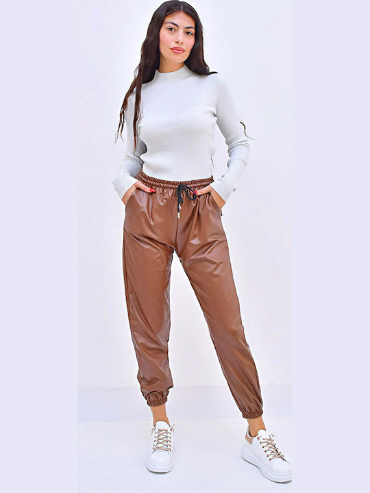 Damen Stoff Hose mit Gummizug Tabac Brown