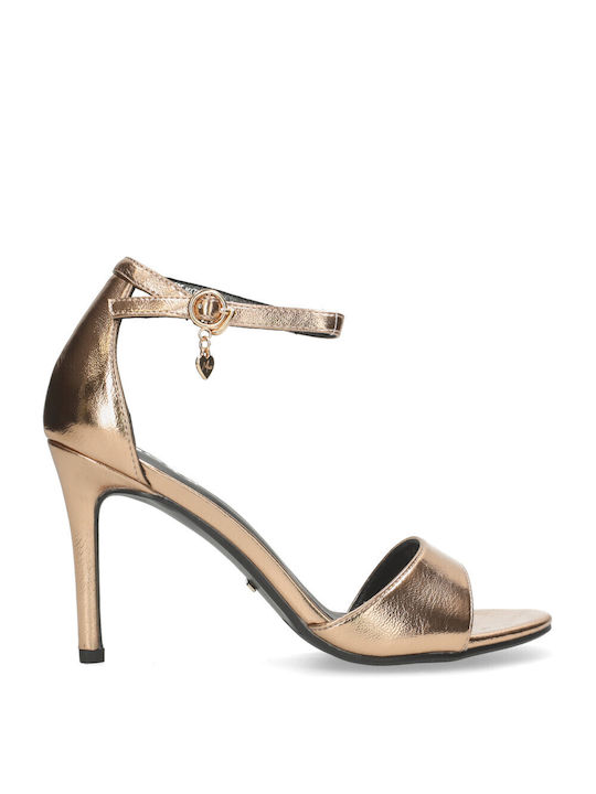 Mexx Synthetic Leather Women's Sandals Gold with High Heel
