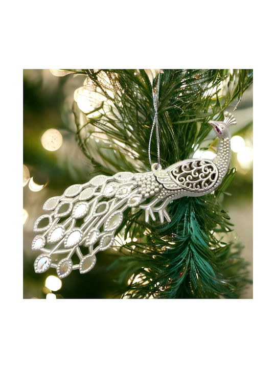 Christmas Plastic Peacock Ornament Silver 20x7cm