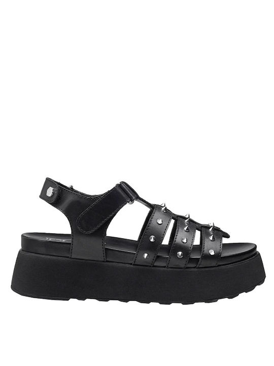 Cult Δερμάτινα Γυναικεία Σανδάλια Flatforms σε Μαύρο Χρώμα