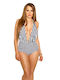 Fashion Style One-Piece Swimsuit with Open Back Blue/White