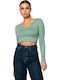 Women's Crop Top Long Sleeve with V Neckline Green.