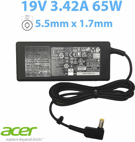 Acer Ac Adapter Φορτιστής Laptop 65W 19V 3.42A για Acer με Αποσπώμενο Καλώδιο Τροφοδοσίας