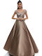 Rochie Maxi Pentru Nuntă / Botez Satin Cu Dantelă Aurie