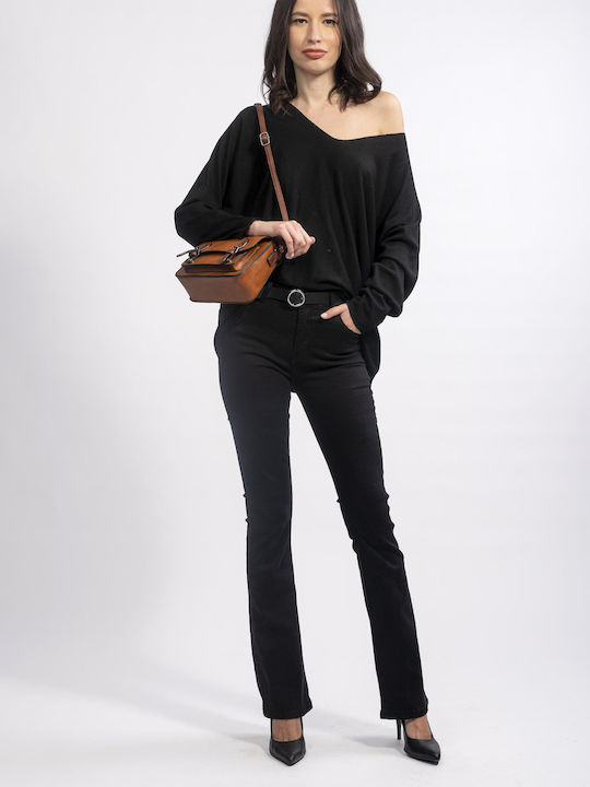 E-shopping Avenue Damen Bluse Baumwolle mit einem Schulter & V-Ausschnitt Black