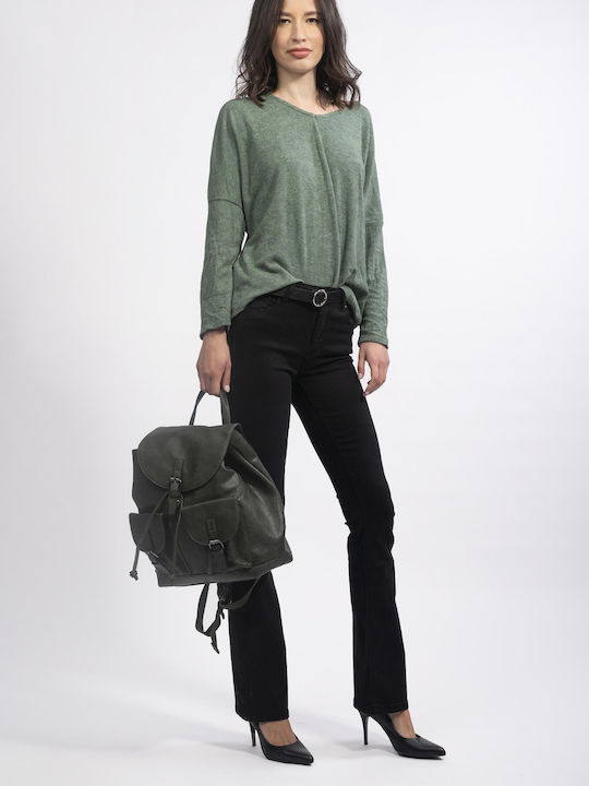 E-shopping Avenue Damen Bluse Baumwolle Langärmelig mit V-Ausschnitt Green