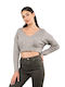 E-shopping Avenue Women's Crop Top Long Sleeve with V Neckline Gray