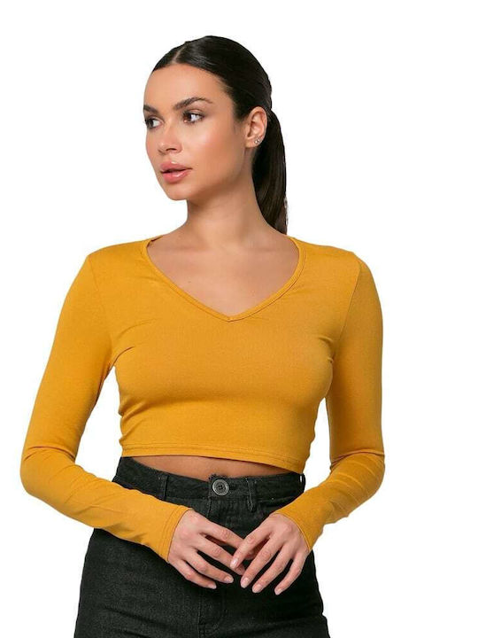 Noobass Women's Crop Top Long Sleeve with V Neckline Yellow