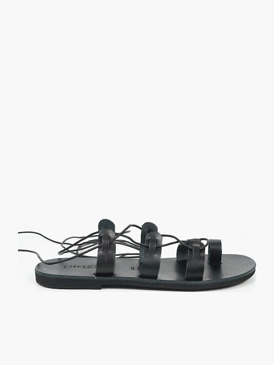 Leather Women's Flat Sandals in Black Color