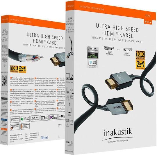 Inakustik HDMI 2.1 Ultra High Speed 48Gbps 4K 120Hz HDR VRR Cable HDMI male - HDMI male 3m Μαύρο