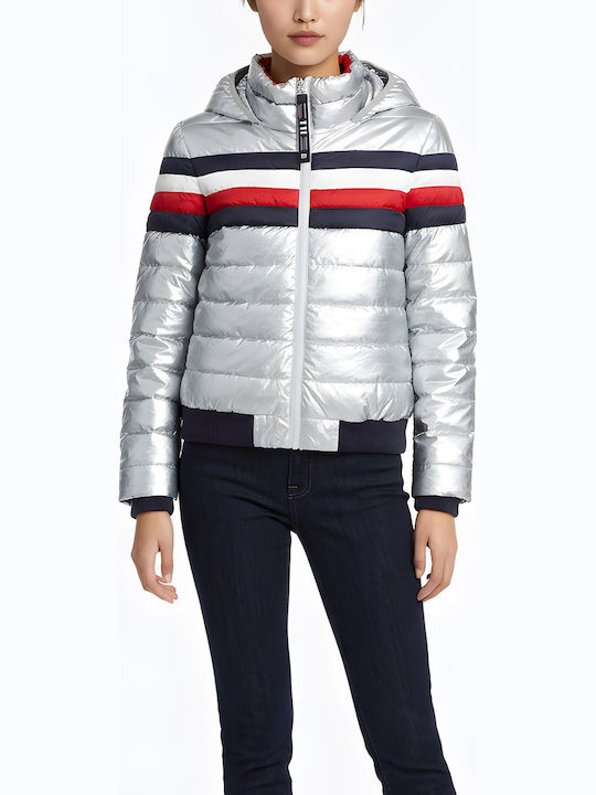 Women's Short Puffer Jacket for Winter Sil