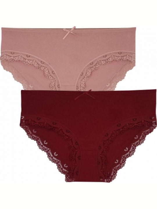 Βαμβακερά Γυναικεία Slip 2Pack με Δαντέλα Μπορντό