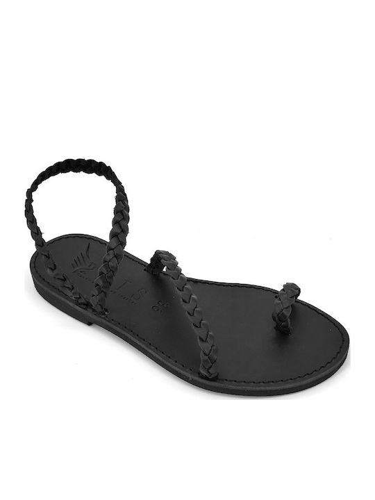 Leather Women's Flat Sandals in Black Color