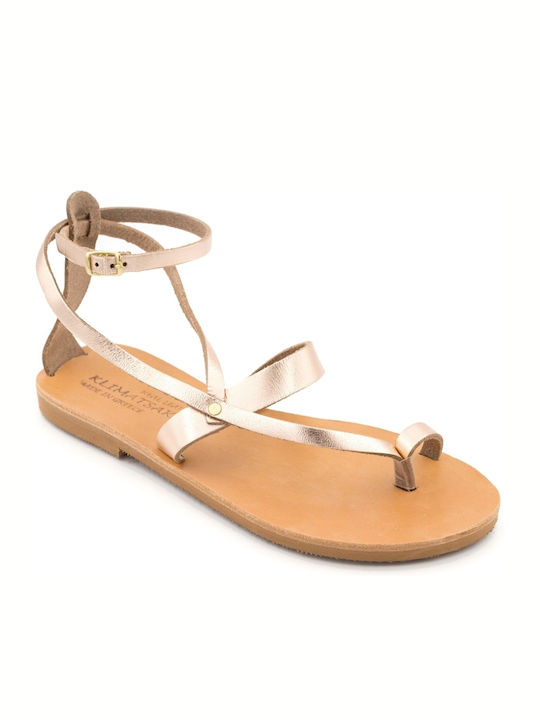 Klimatsakis Leder Flache Damen Sandalen Rosa Gold