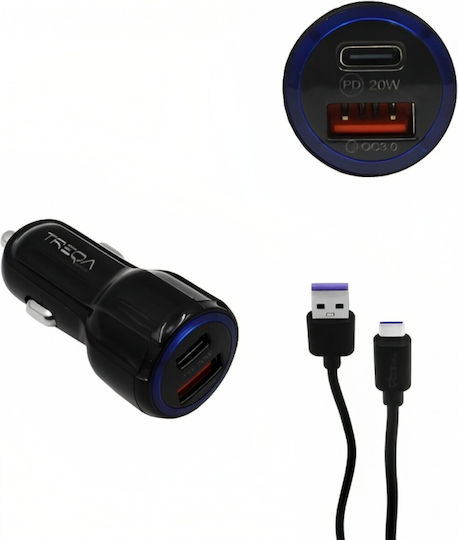Treqa Auto-Ladegerät 20W Schnellladung mit Anschlüssen: 1xUSB 1xType-C