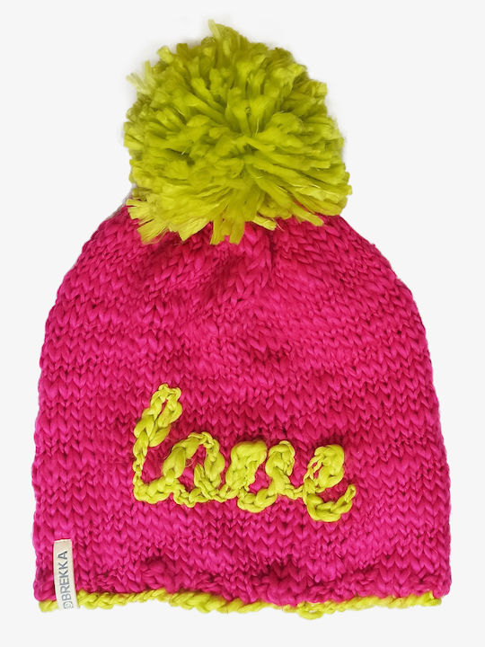 Pom Pom Beanie Unisex Beanie Knitted in Fuchsia color
