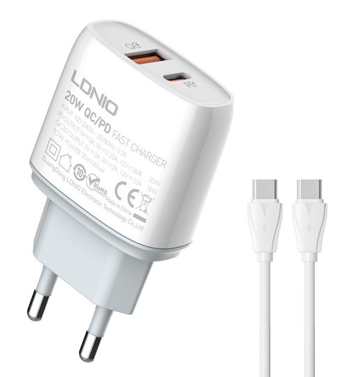 Ldnio Charger with USB-A Port and USB-C Port and Cable USB-C - USB-C 20W Power Delivery Whites (Q229)