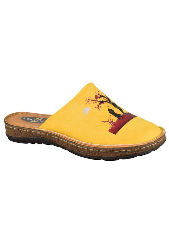 Yfantidis Leather Winter Women's Slippers in Yellow color