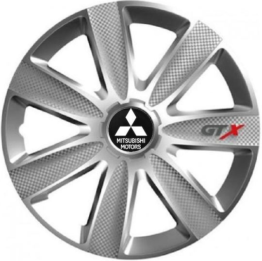 Versaco Car Hubcap Set Carbon Gtx with Mitsubishi Emblem 15" 4pcs Silver