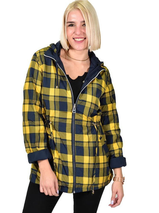 Potre Women's Checked Long Gabardine with Hood Dark Blue