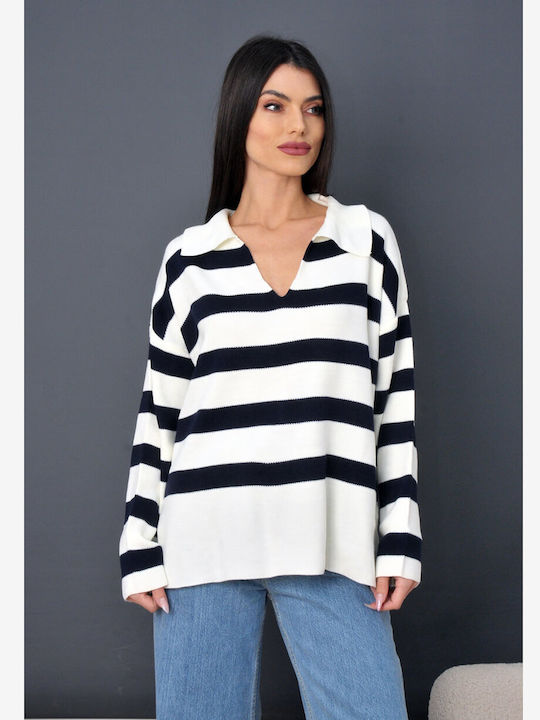 Olian Women's Long Sleeve Sweater Striped White/Blue