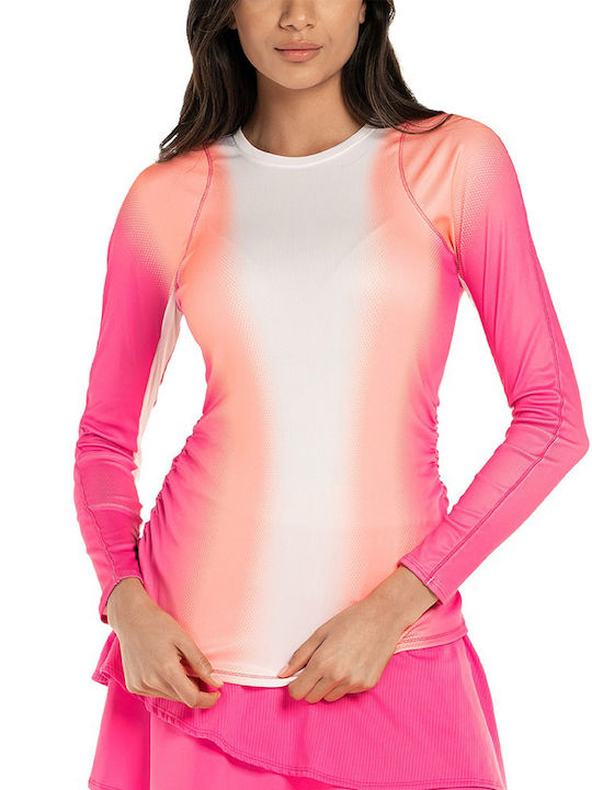 Lucky In Love Women's Athletic Blouse Long Sleeve with Sheer White / Pink