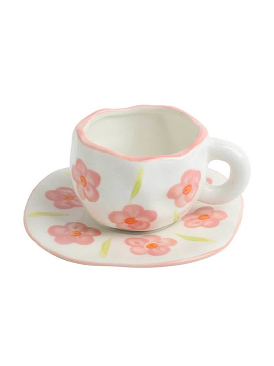 Disoza - Kaffeebecher-Set mit Untertasse | Niedliche weiße Tasse mit rosa Blumen für Frauen | Tee- & Kaffeebecher mit Untertasse 250 ml | Keramikbecher als Geschenk