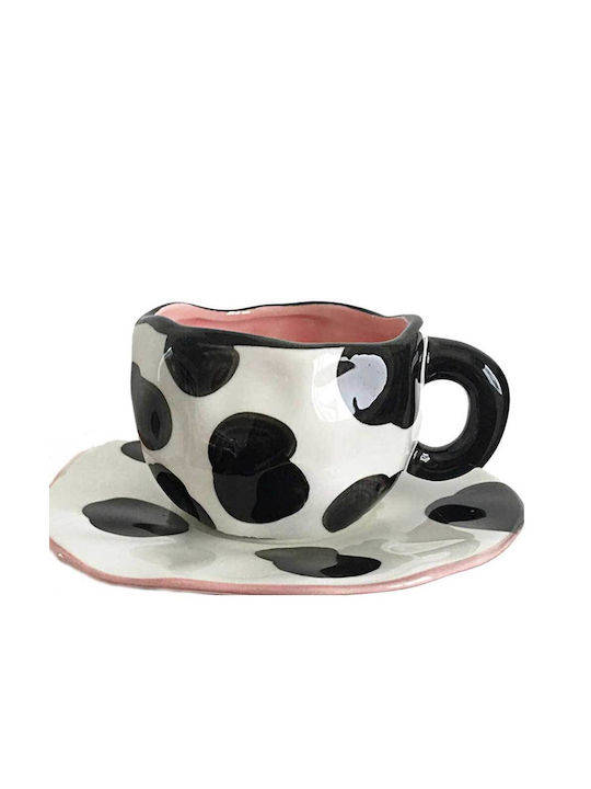 Disoza - Coffee mug set with saucer | Cute black cow pattern cup with pink details for women | Tea & coffee mug with saucer 250 ml | Ceramic mug for gift