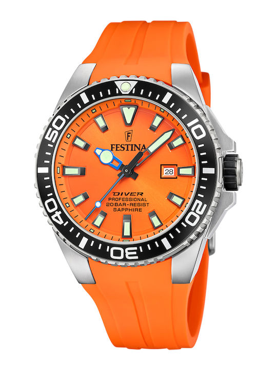 Festina Diver Ανδρικό Ρολόι 45mm Μπαταρίας με Πορτοκαλί Καουτσούκ Λουράκι
