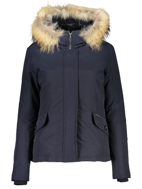 Woolrich Women's Short Lifestyle Jacket for Winter with Hood Blue.