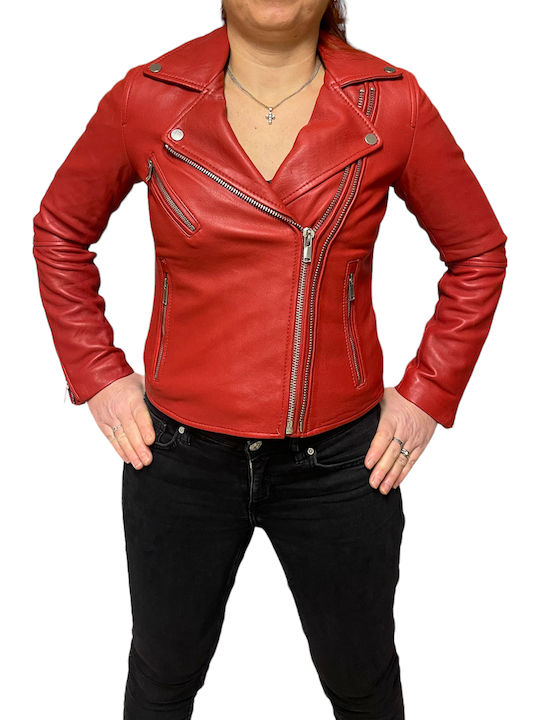 Δερμάτινο Γυναικείο Biker Jacket Κόκκινο